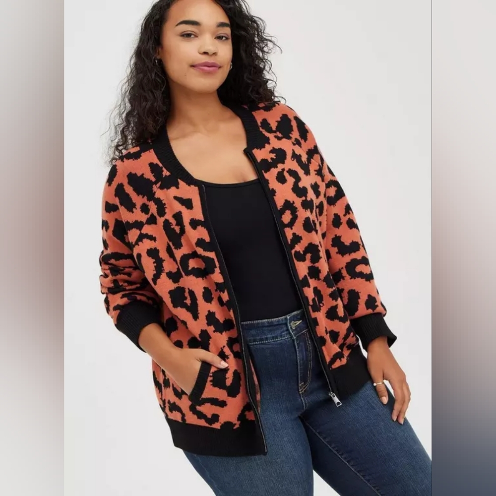 Torrid Black and Orange Leopard Bomber Jacket